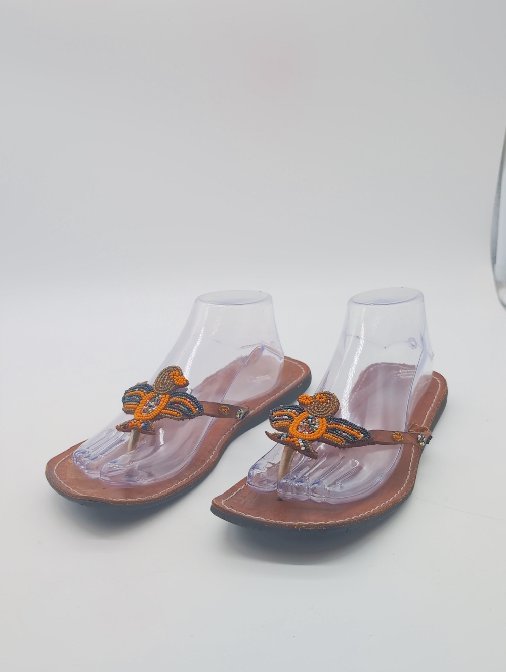 Vintage Thunderbird African 10 5 Handmade-Beaded Brown Leather Women’s Sandals